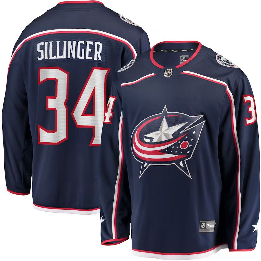 Men Columbus Blue Jackets 34 Cole Sillinger Fanatics Branded Navy Home Breakaway Player NHL Jersey